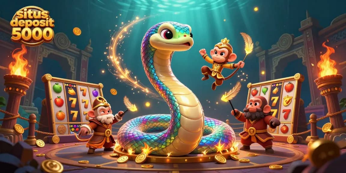 Spin the reels and win big with situs deposit 5000 in a vibrant casino scene featuring lucky symbols and golden treasures.