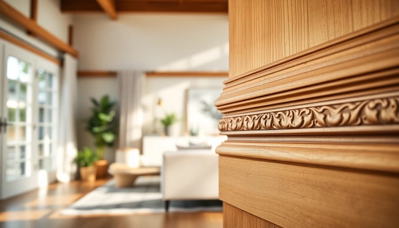 Elevated view of expert trim work, focusing on detailed craftsmanship in wooden moldings.