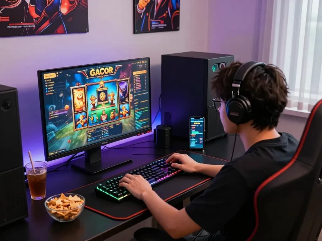 Suasana menarik seorang pemain yang fokus pada permainan slot gacor, pengaturan game dengan lampu LED.
