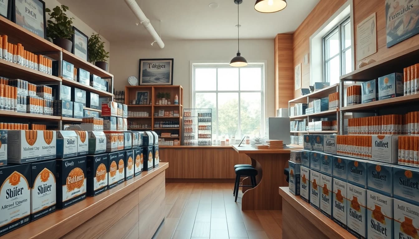 Showcase of cheap cigarettes usa available in a professional tobacco shop setting.
