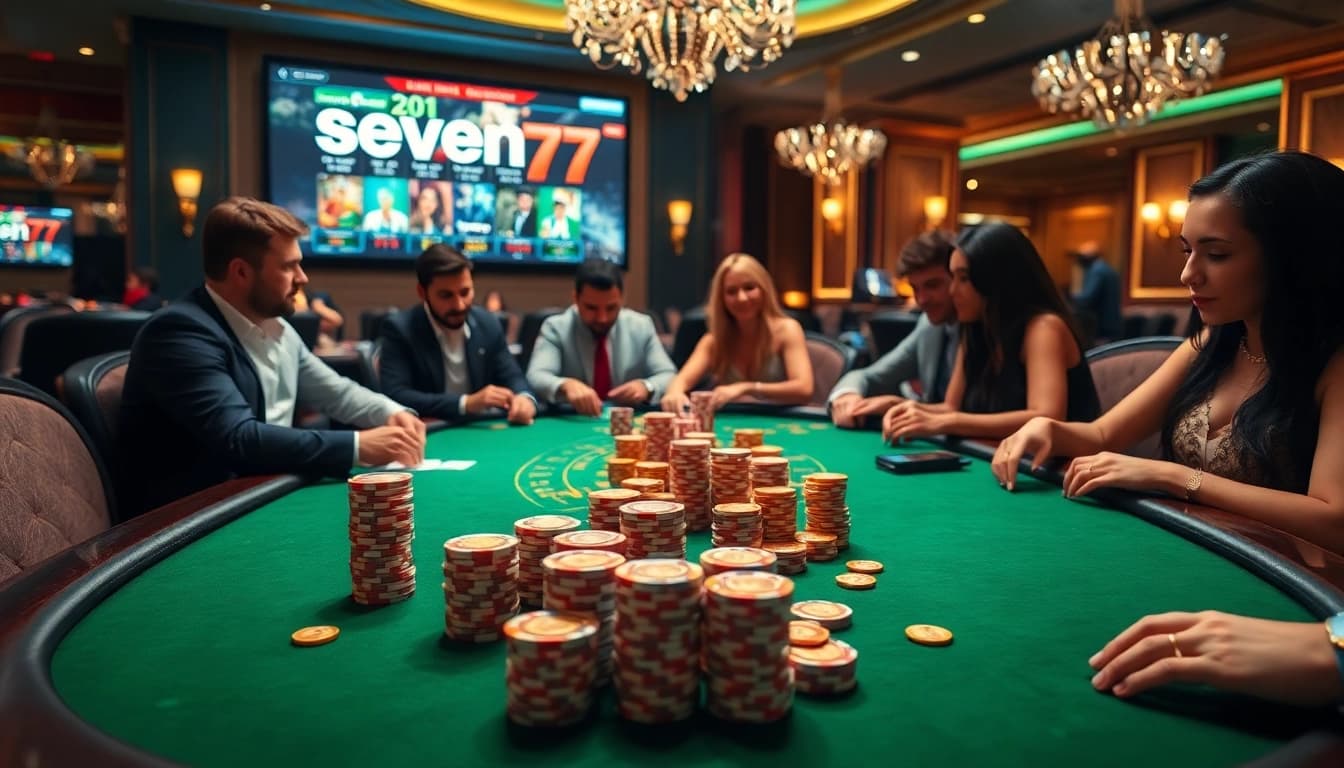 Dynamic casino scene portraying players engaged in card games featuring seven77 alternatif prominently.