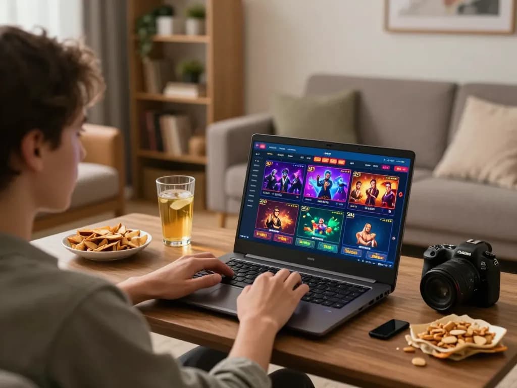 Migliori casino europei online showcased in an engaging home gaming scenario with player immersed in online gameplay.