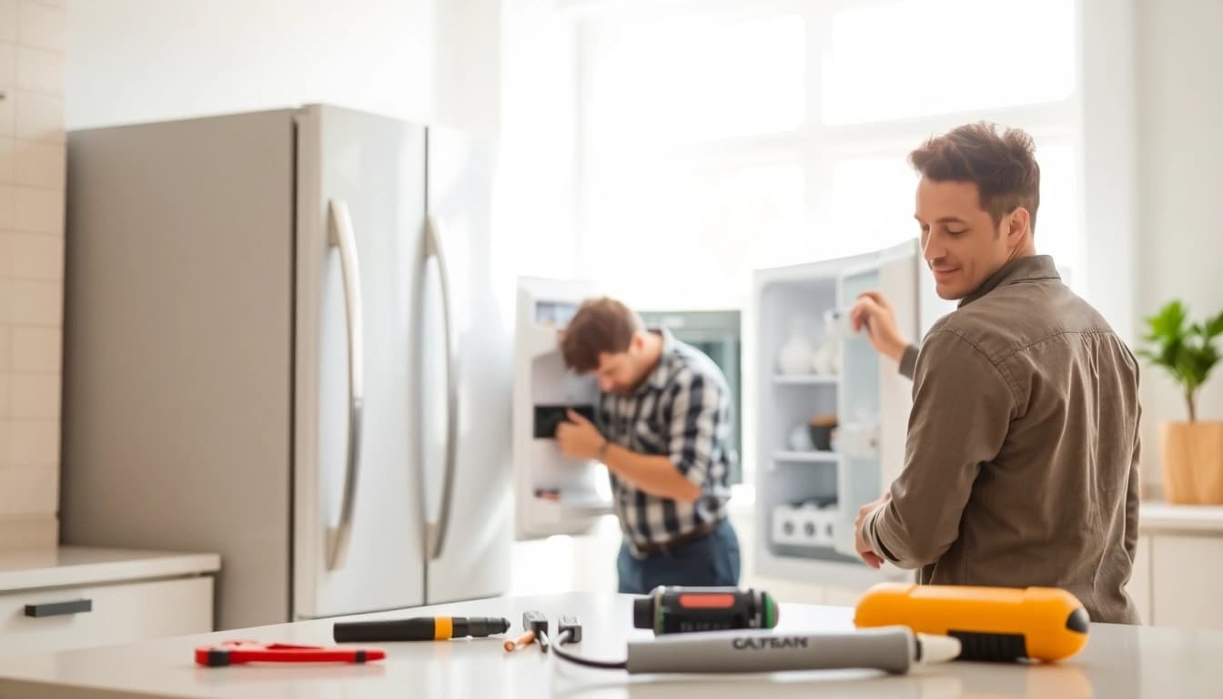 Technician performing refrigerator repair ottawa service in a modern kitchen environment.