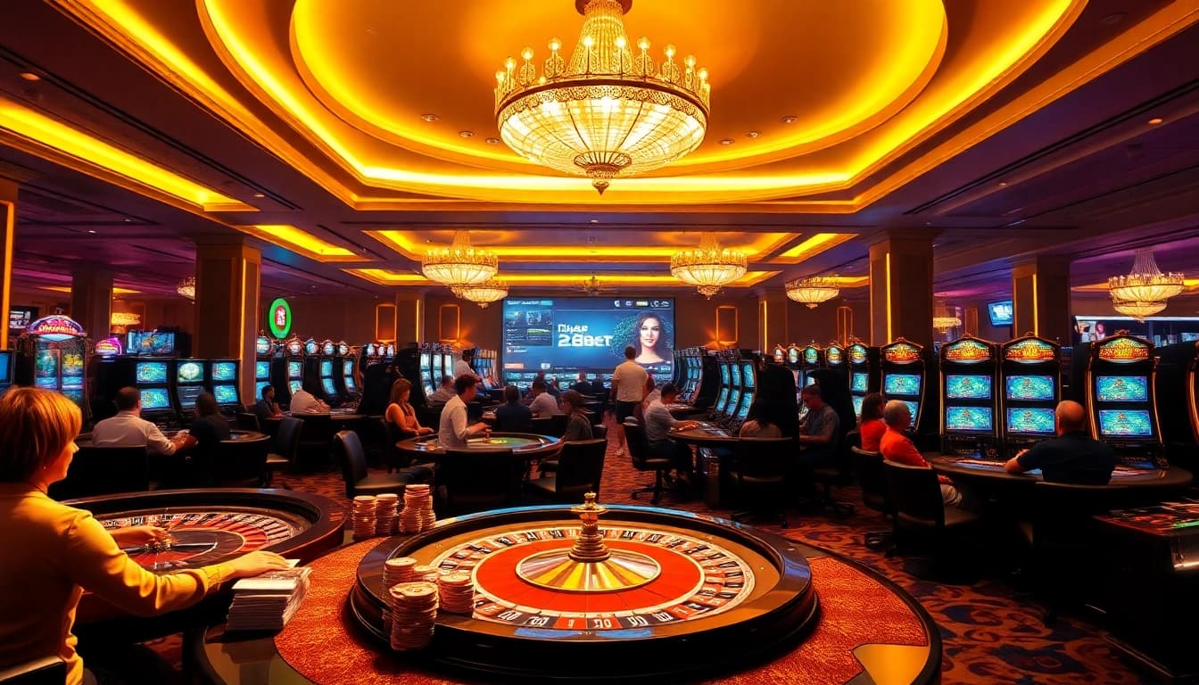 Experience the excitement of trang chủ 28bet with players at tables and vibrant slot machines.