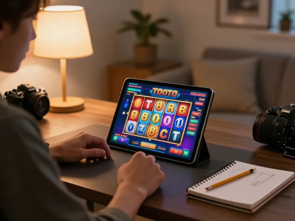 Player enjoying an exciting toto slot game on a tablet during cozy home gaming session
