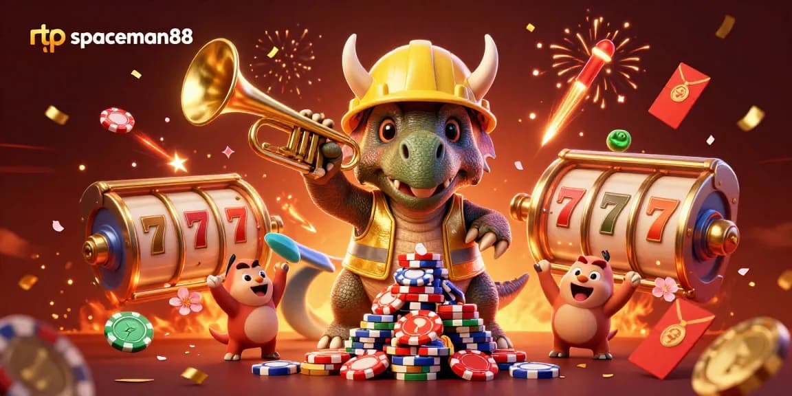 Experience rtp spaceman88 with vibrant slots and cheering characters in a festive casino setup.