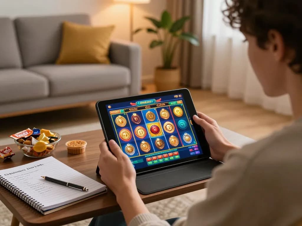 Engage with download apk slot bet 50 perak on a tablet showcasing vibrant slot gaming interface in a cozy home setup.