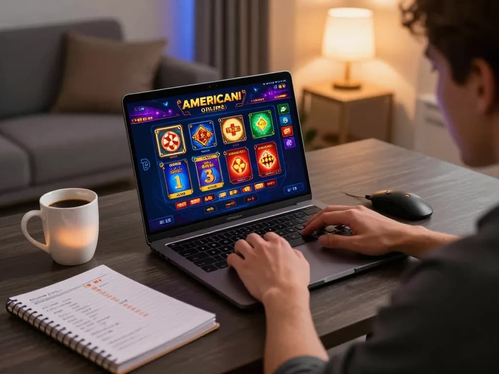 Engaging player enjoying casino americani online on a laptop, surrounded by gaming strategy notes.