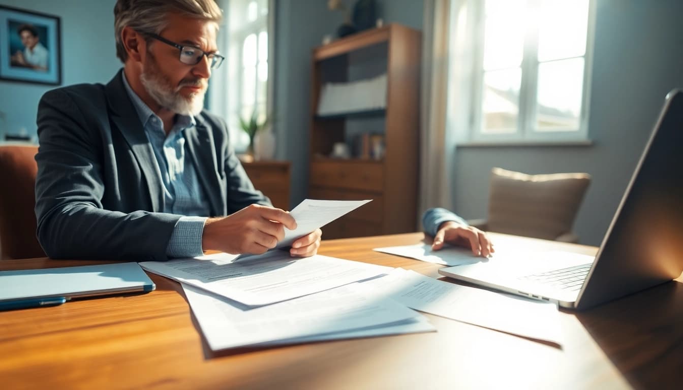 Public Adjuster Near Me helping a homeowner with insurance paperwork in a bright office environment.