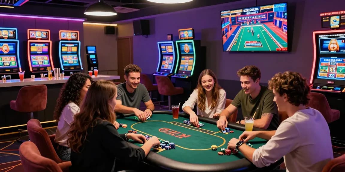 Friends enjoying their time at credit card casinos, playing poker in a vibrant gaming lounge.