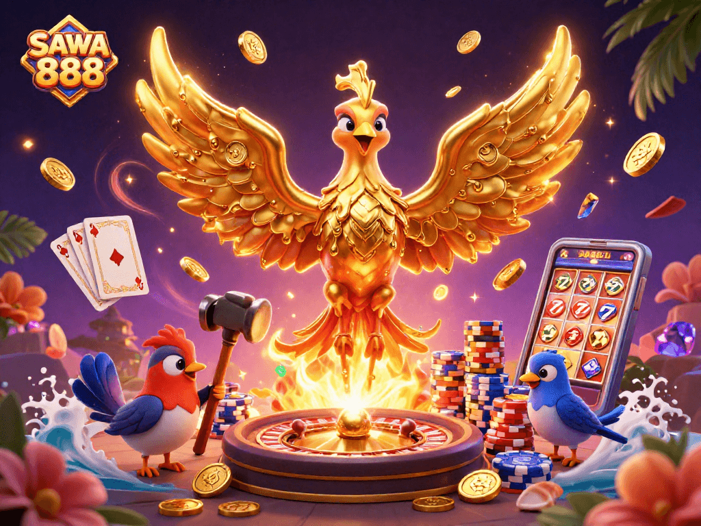 Experience the magic of SAWA 888 with a captivating scene of a golden phoenix, spinning roulette, and flying gems.