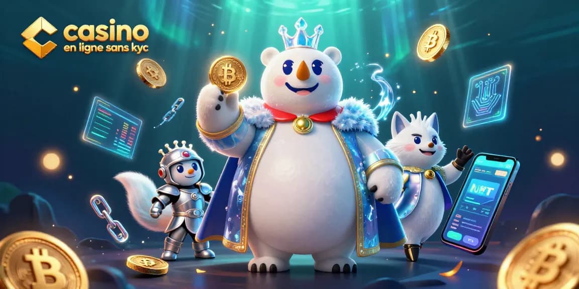 Jouez au casino en ligne sans KYC avec ce visuel captivant montrant notre roi des glaces et sa compagne.