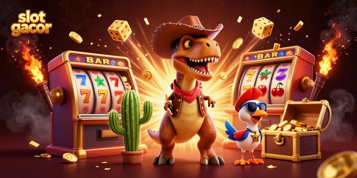 Experience slot gacor with a vibrant dinosaur-themed casino scene bursting with excitement.