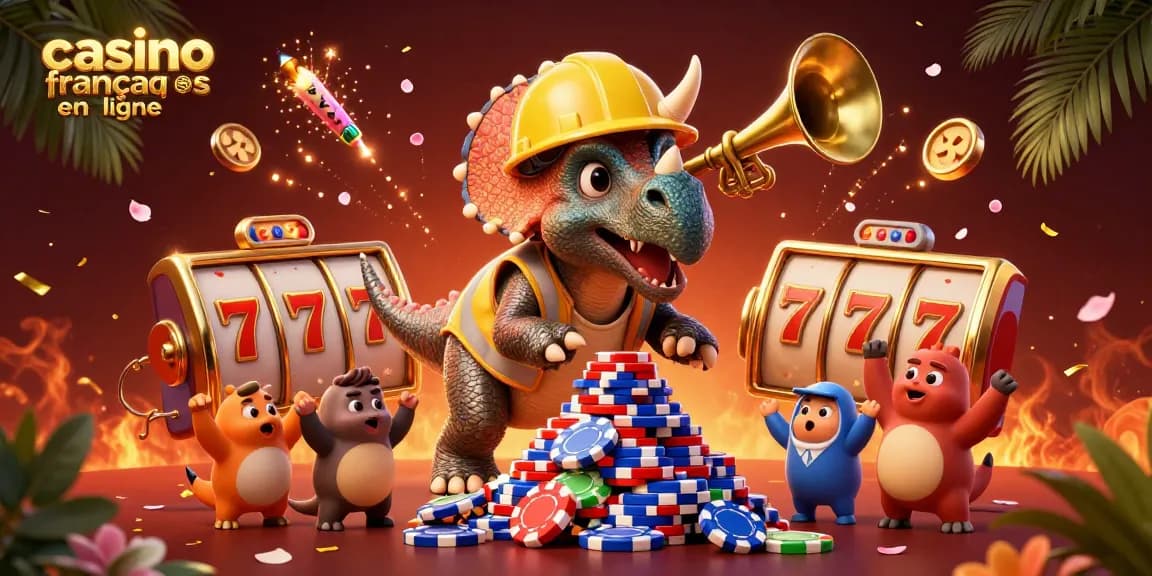 Casino français en ligne avec un triceratops célébrant la victoire entouré de jetons et feux d'artifice.