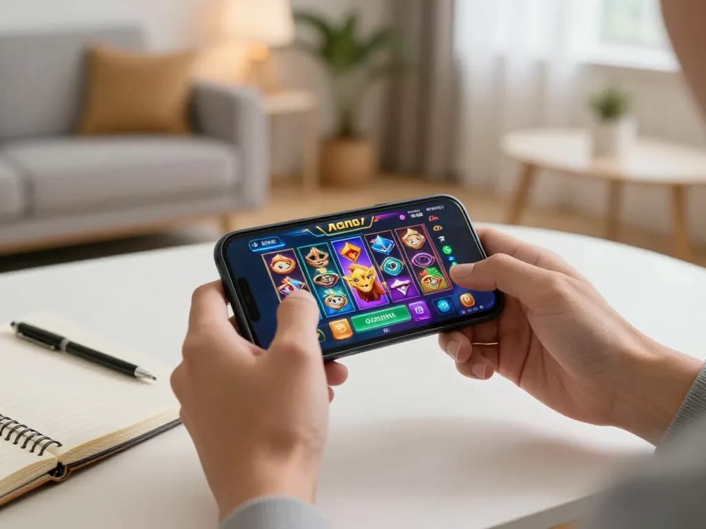 Engaging in agen slot gameplay on a smartphone in a cozy living room setting.
