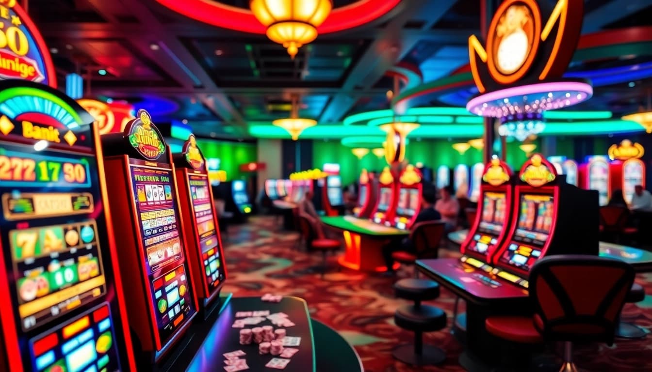 Permainan slot berwarna-warni di kasino bbni4d yang ramai dan terang.