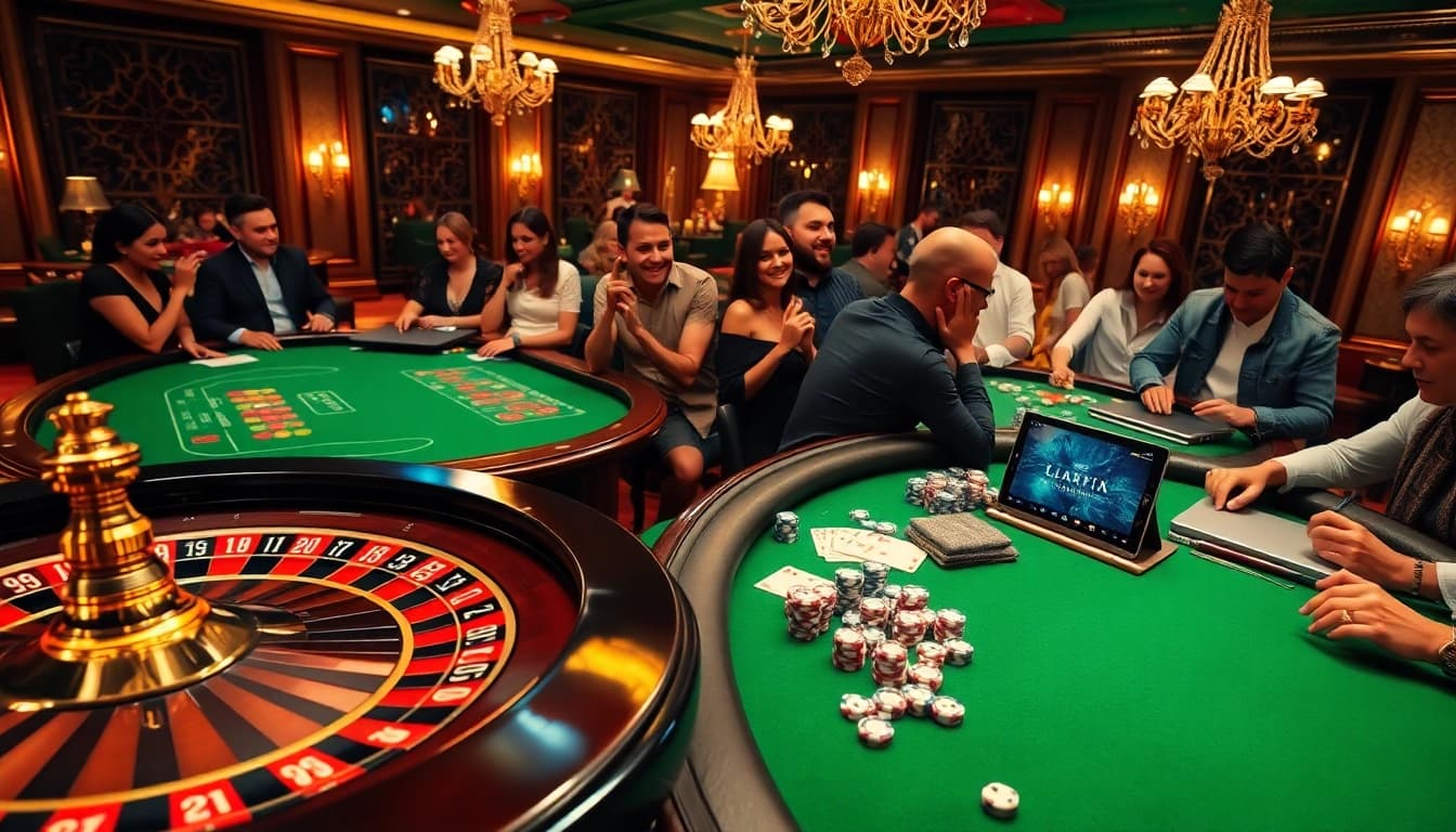 Découvrez l'excitation du casino en ligne France avec des joueurs captivants autour de tables luxueuses et de roues de roulette vibrantes.