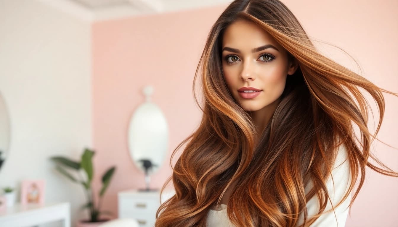 Model displaying lustrous genius weft hair extensions in a bright studio, highlighting seamless integration.