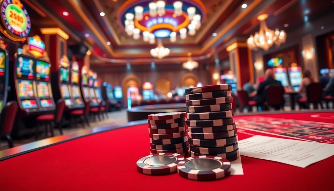 Atmosphère de casino vibrante mettant en avant le meilleur casino en ligne avec des jetons de poker et une roue de roulette.