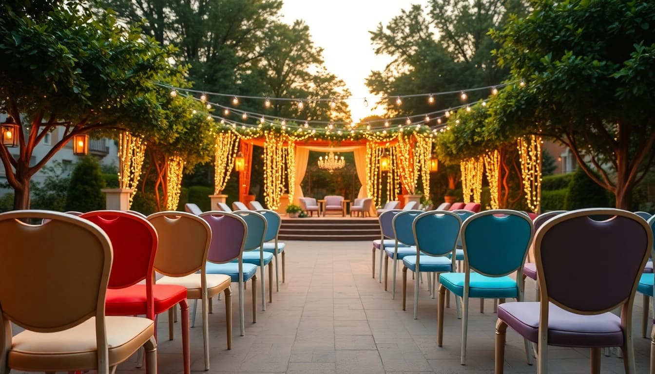 Enhance your event with stylish Chair Rentals arranged in a beautifully decorated outdoor venue.