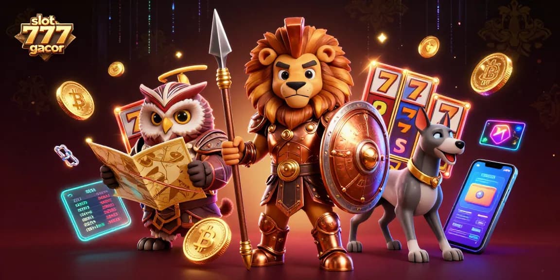 Engage with slot 777 gacor featuring a Spartan lion, owl, and greyhound amidst vibrant casino elements.
