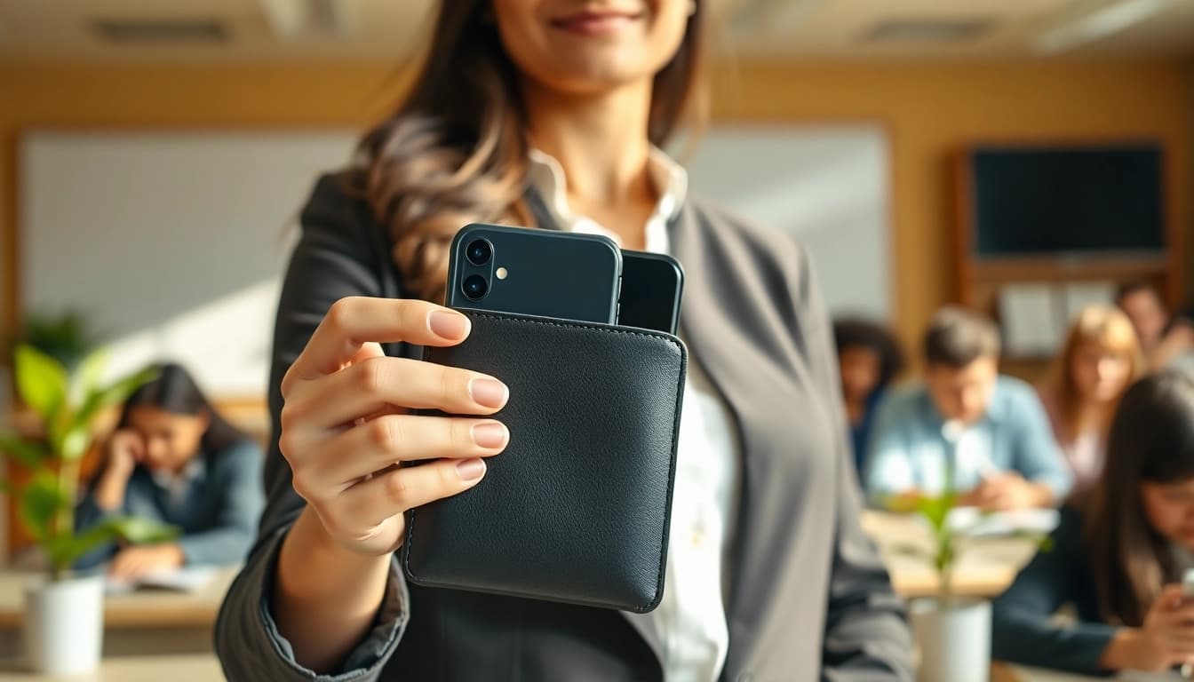 Handytasche Lehrer in der Hand eines Lehrers im Klassenzimmer, umgeben von Schülern.