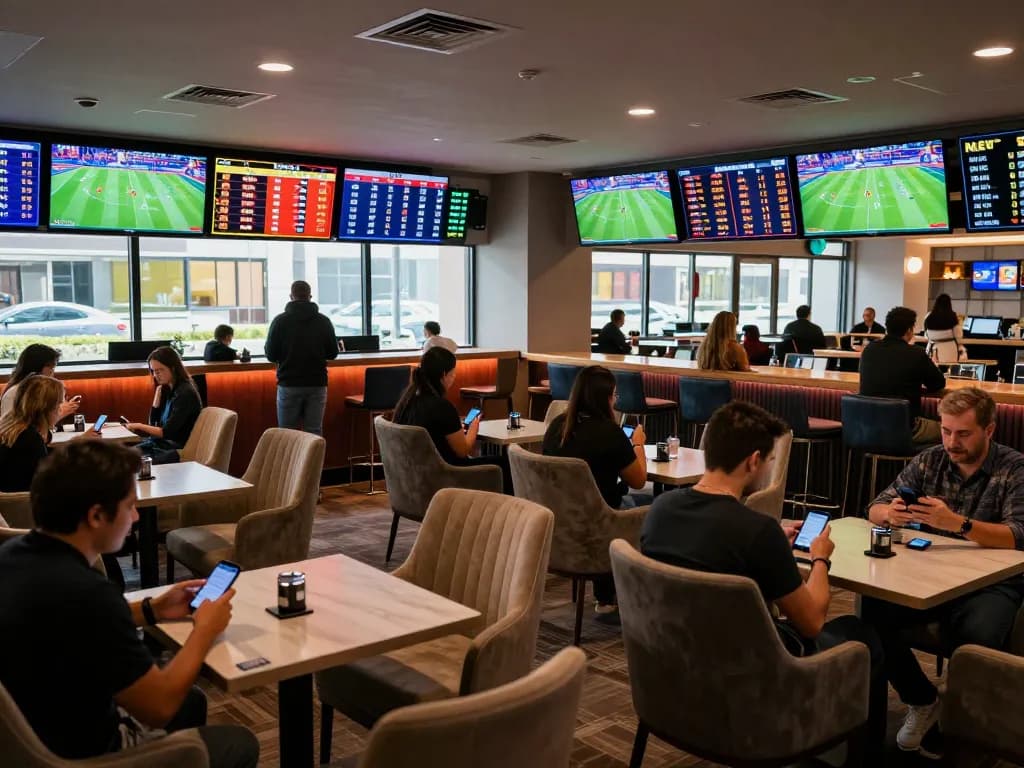 Savvy bettors engaged in dynamic sports betting at a stylish lounge while checking odds with soi keo nha cai apps