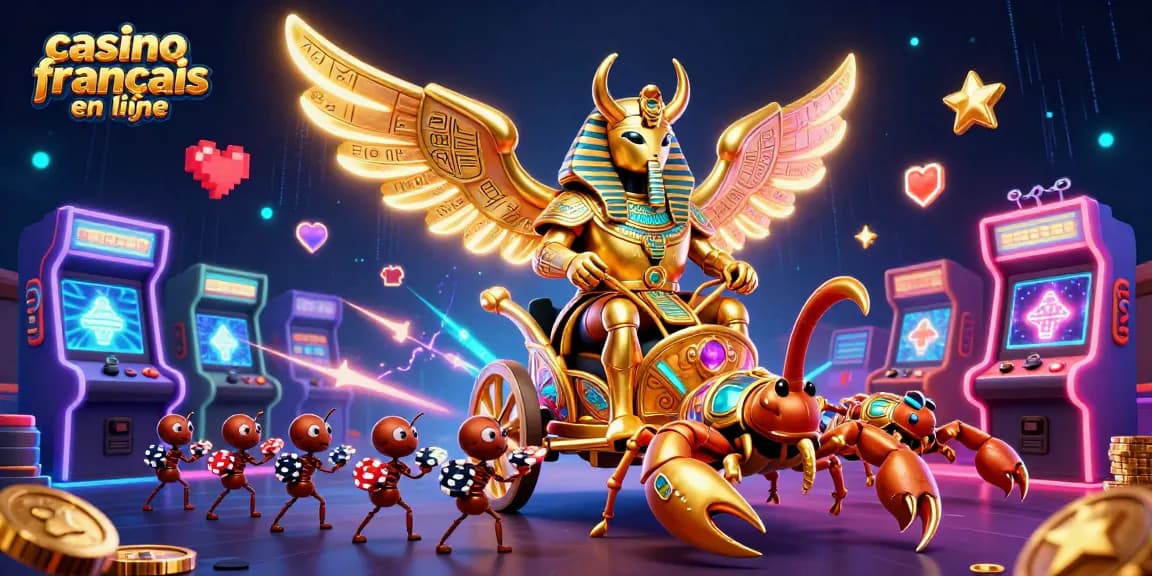 Découvrez le schéma dynamique du casino français en ligne avec des éléments de jeux 3D colorés et l’emblématique scarabée doré.