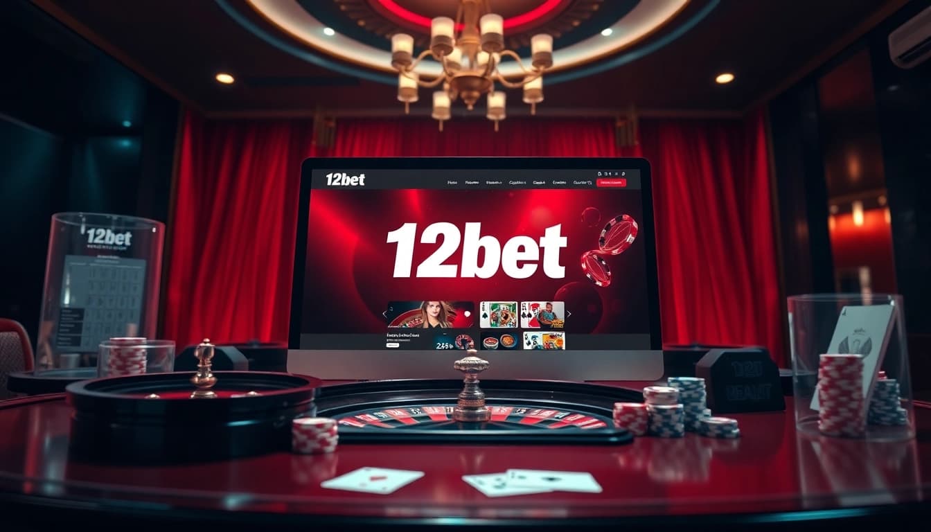 Experience 12bet's luxurious online gambling environment with poker chips and a roulette wheel.