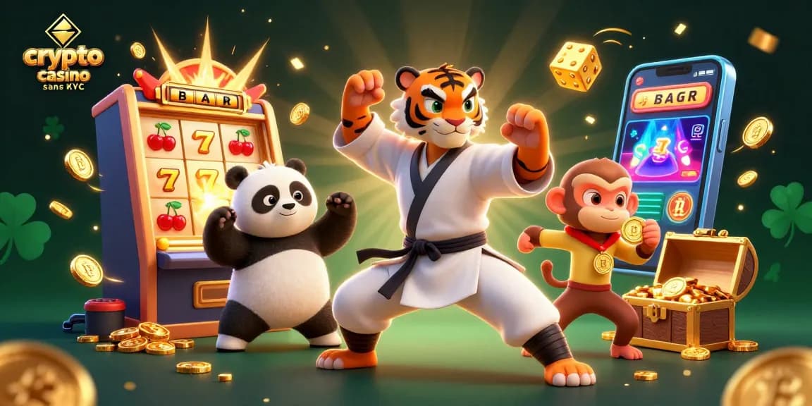 Jouez au crypto casino sans KYC avec une illustration dynamique mettant en avant des personnages de kung fu et des éléments de jeu.