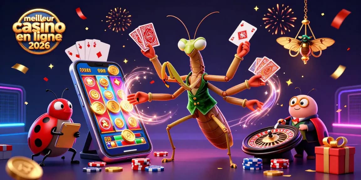 Explorez le meilleur casino en ligne 2026 avec une scène animée de jeux et de gains.