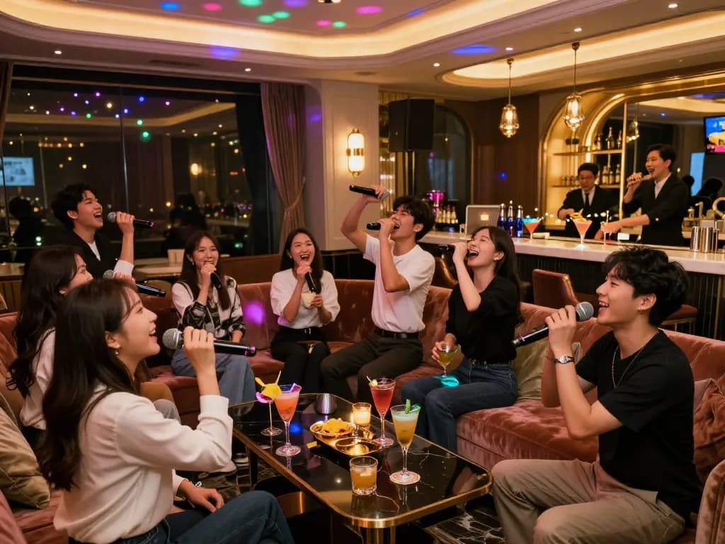 역동적인 분위기와 세련된 인테리어에서 강남달토 노래방에서 노래하는 에너지 넘치는 그룹.