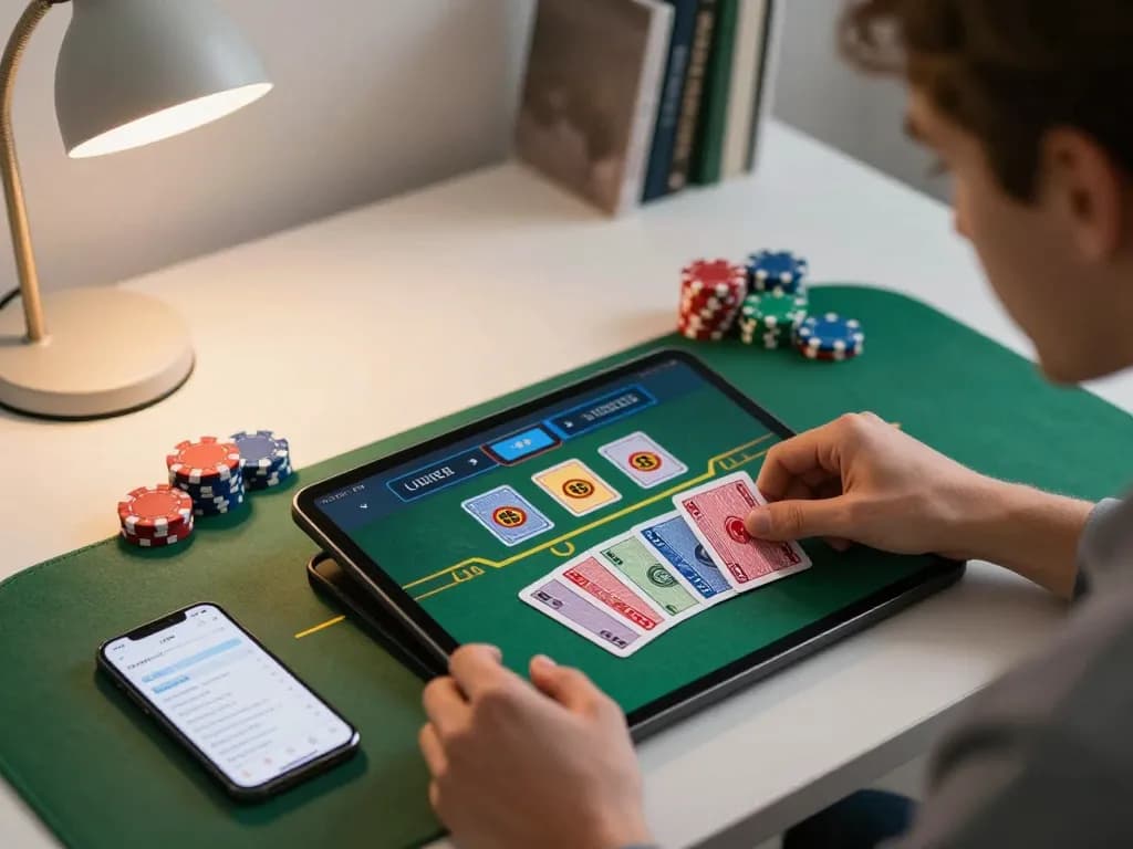 sunwinapk player managing bets during a blackjack game on a tablet in a modern home office