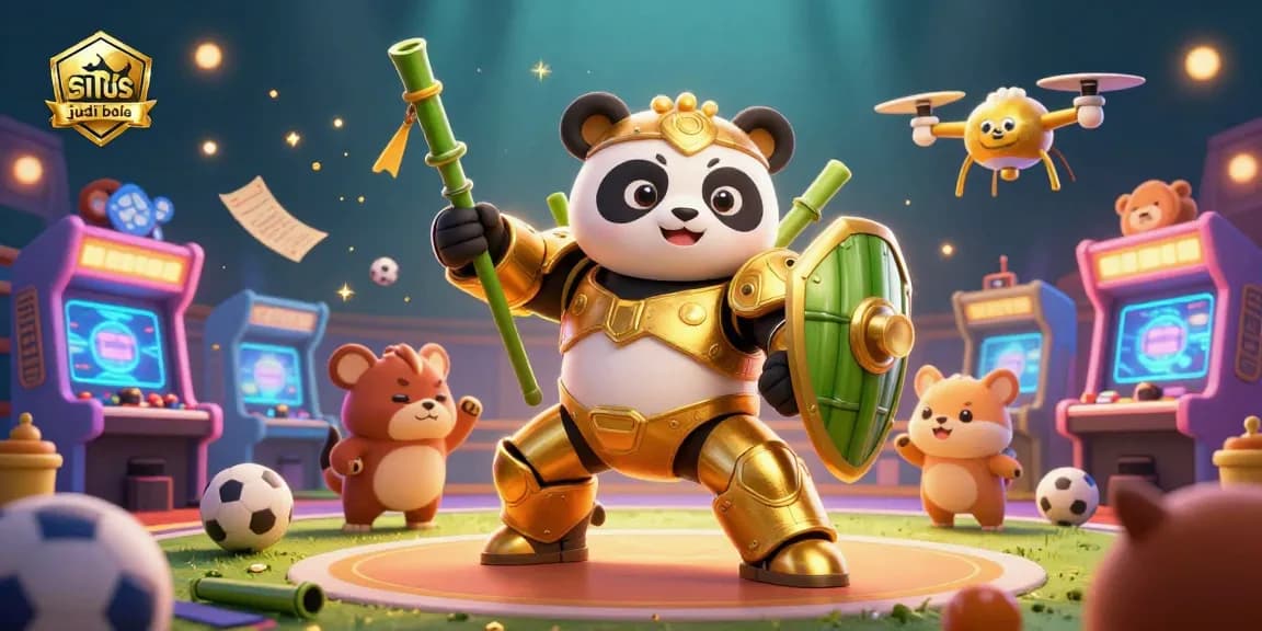 Experience thrilling situs judi bola action with a colorful 3D sports betting scene featuring a mech-suit panda fighter.