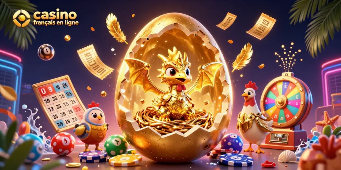 Jouer sur casino francais en ligne avec un dragon d'or et des éléments de jeu colorés fleuris.