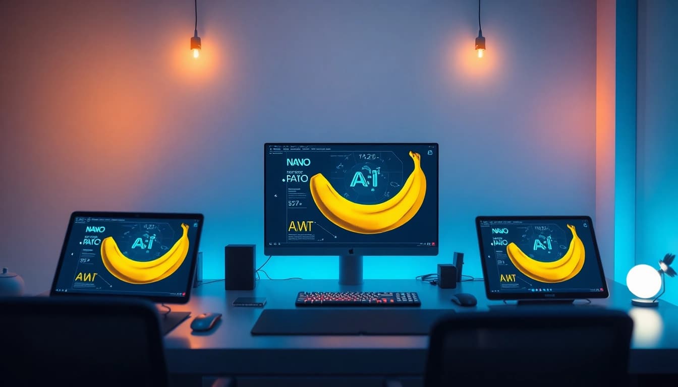 Nano Banana Pro showcased in a modern tech workspace with vibrant digital interfaces.