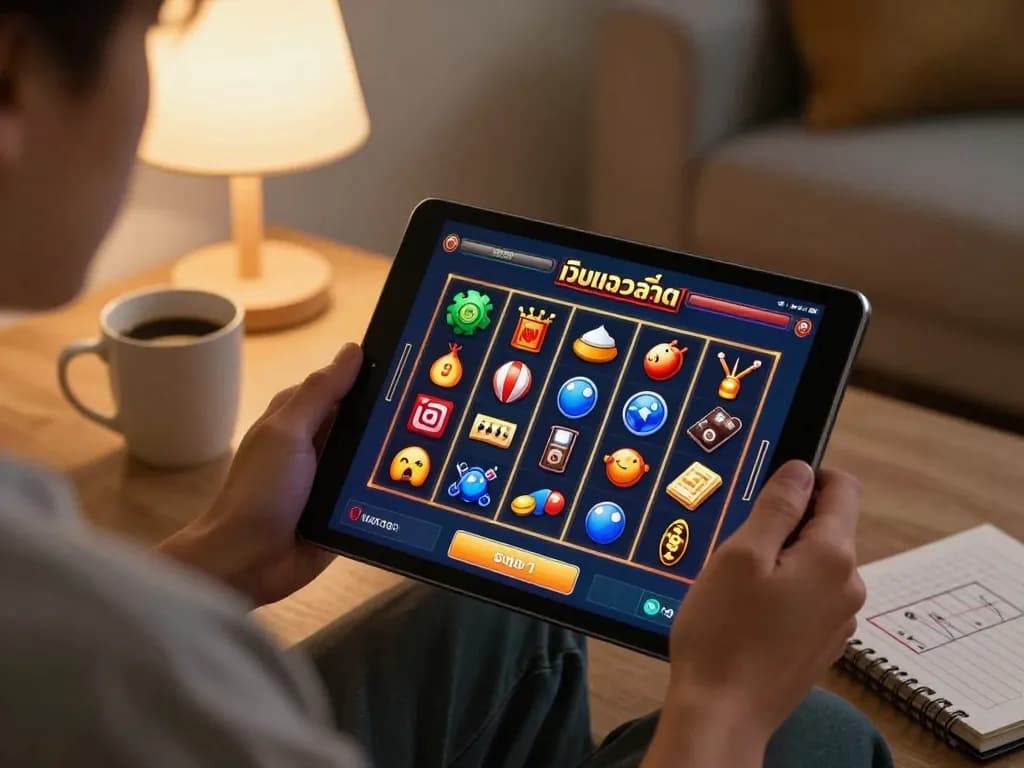 Player engaged in online เว็บตรงสล็อต gaming on tablet in cozy living room.