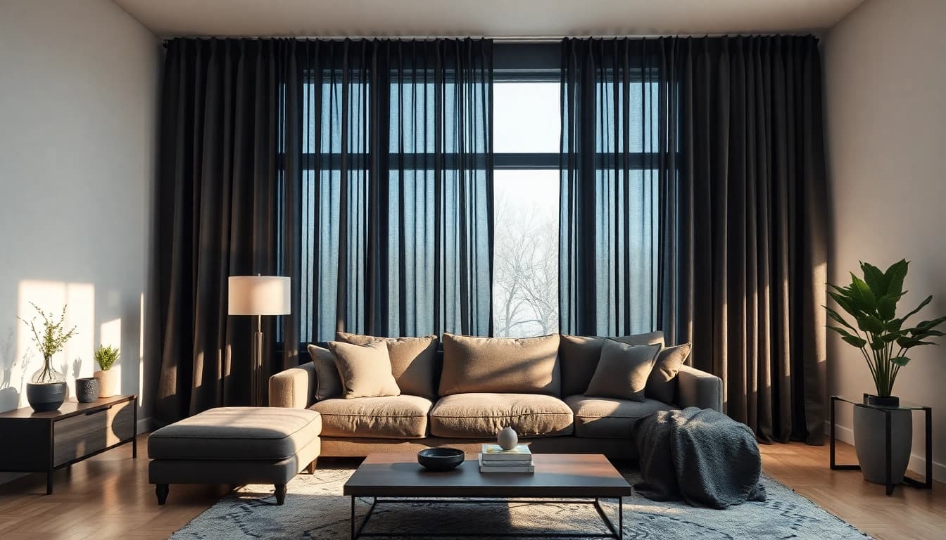 Verduisterende gordijnen in een moderne woonkamer die natuurlijk licht blokkeren en een stijlvolle sfeer creëren.