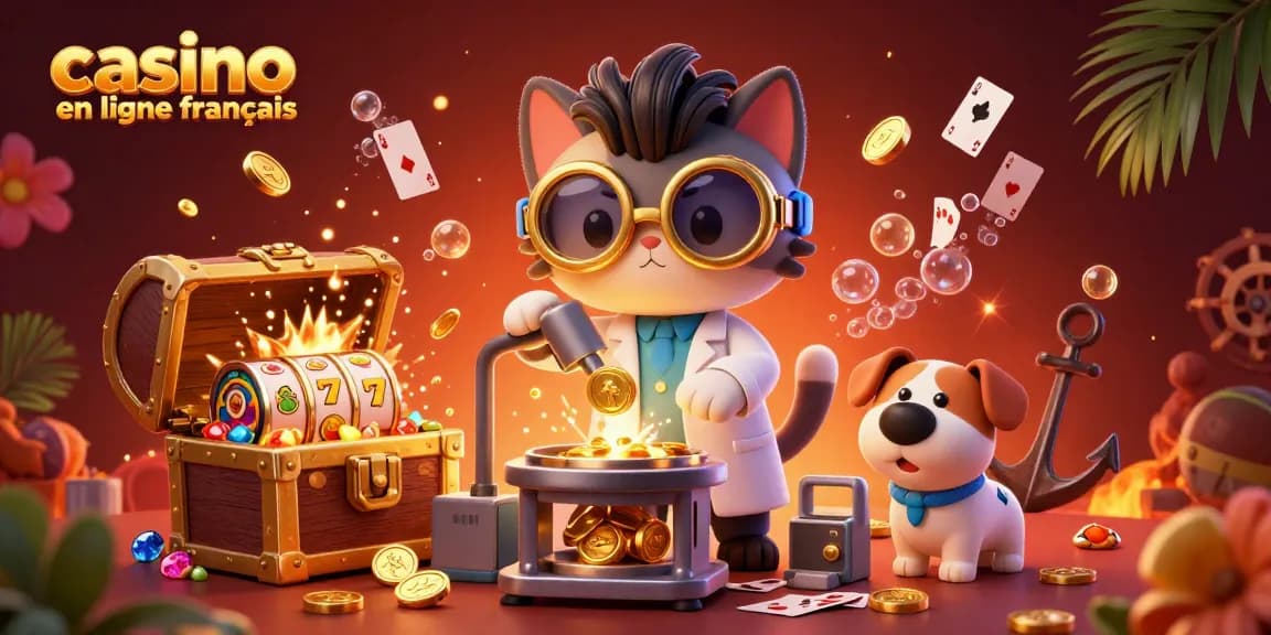 Découvrez une scène captivante de casino en ligne français avec un chat scientifique et un chien assistant, éclatant de pièces d'or et de joie.