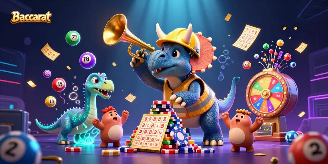 Baccarat gameplay illustrated with vibrant 3D characters celebrating a poker chip pyramid, enhancing excitement and engagement.