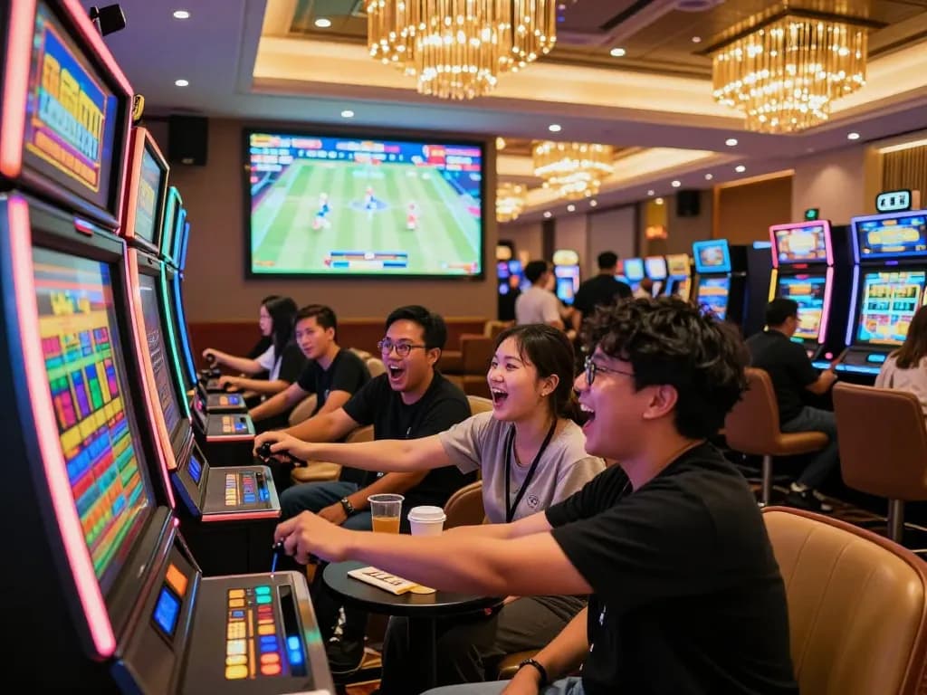 Group cheering for a friend playing slot gacor hari ini in a lively casino.