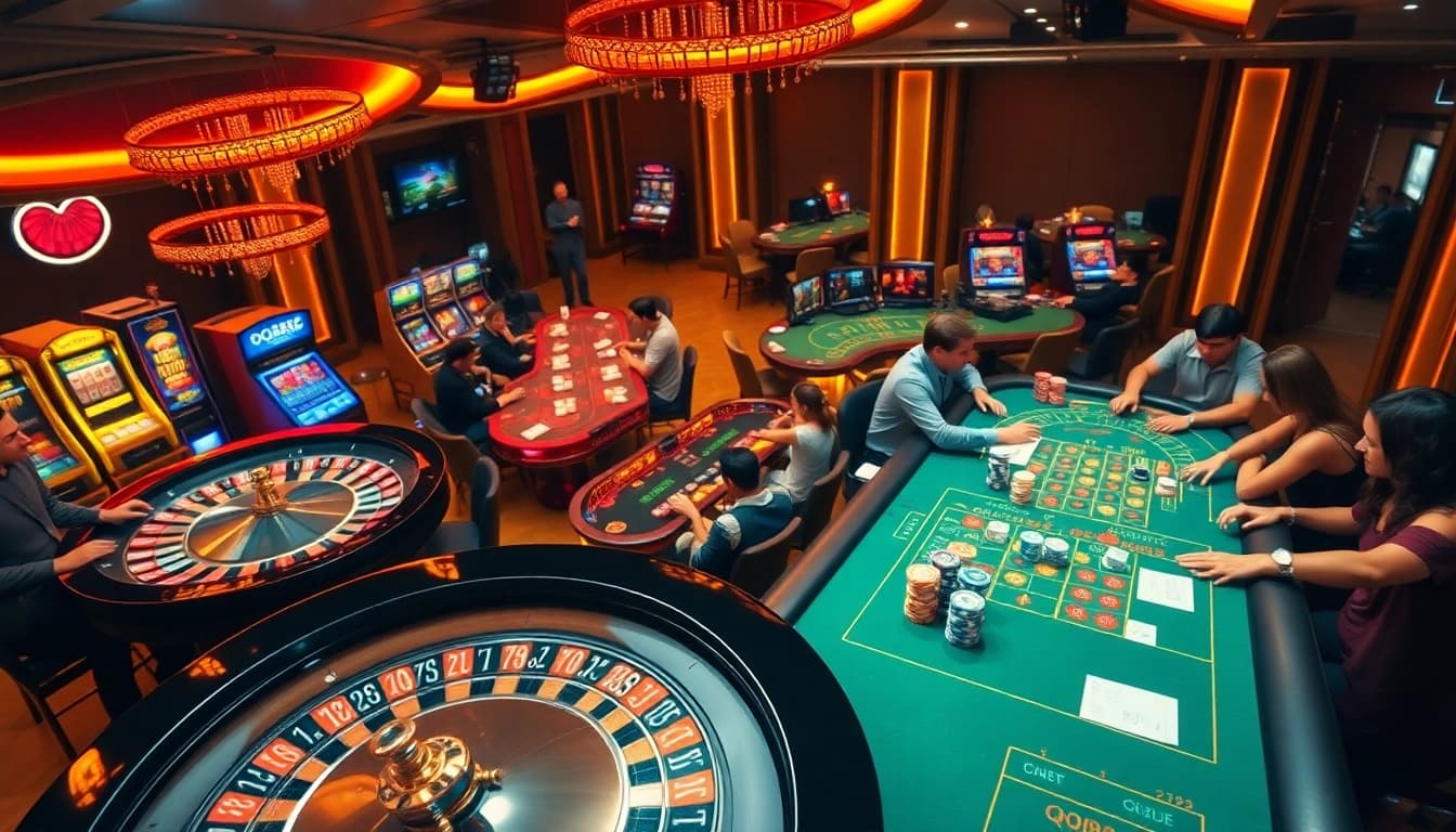 Engaging casino scene highlighting qq88 to's thrilling gaming atmosphere with roulette and poker elements.