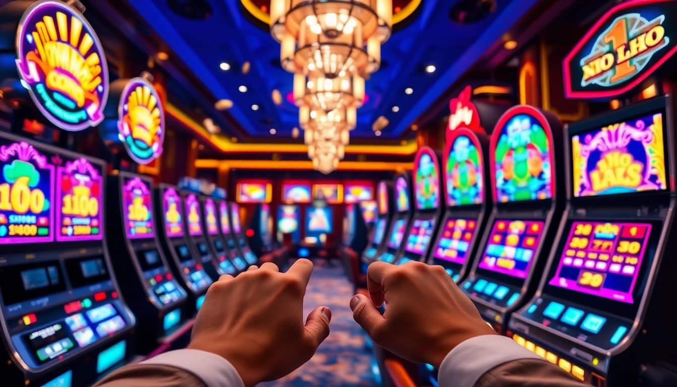Enjoying a thrilling nổ hũ gameplay experience at a luxurious casino slot machine.
