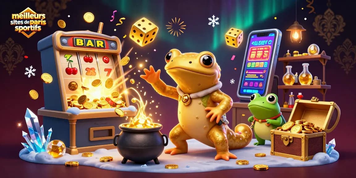 Illustration des meilleurs sites de paris sportifs avec des personnages de casino et des lots colorés.