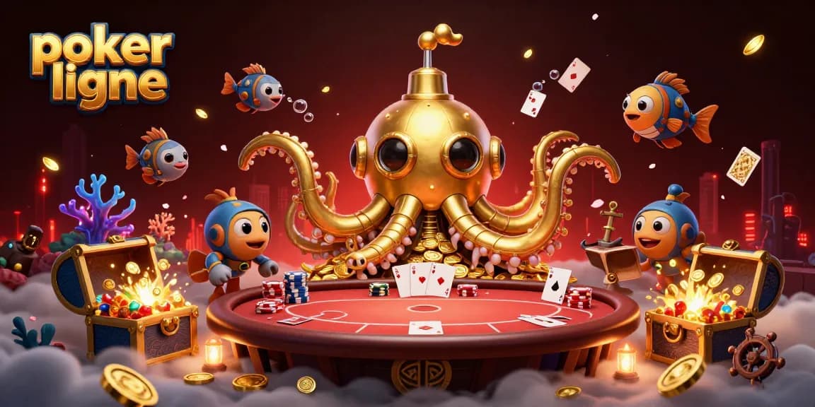 Jouez au poker en ligne avec une vision époustouflante de cartes, jetons, et un kraken doré en arrière-plan.