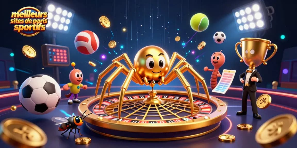 Découvrez les meilleurs sites de paris sportifs avec l'illustration dynamique d'une araignée dorée et un croupier mille-pattes.