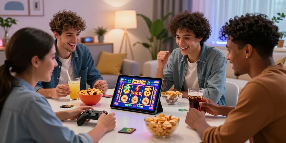 Friends enjoying link casino online slots together in a vibrant living room setting with snacks and a glowing tablet.