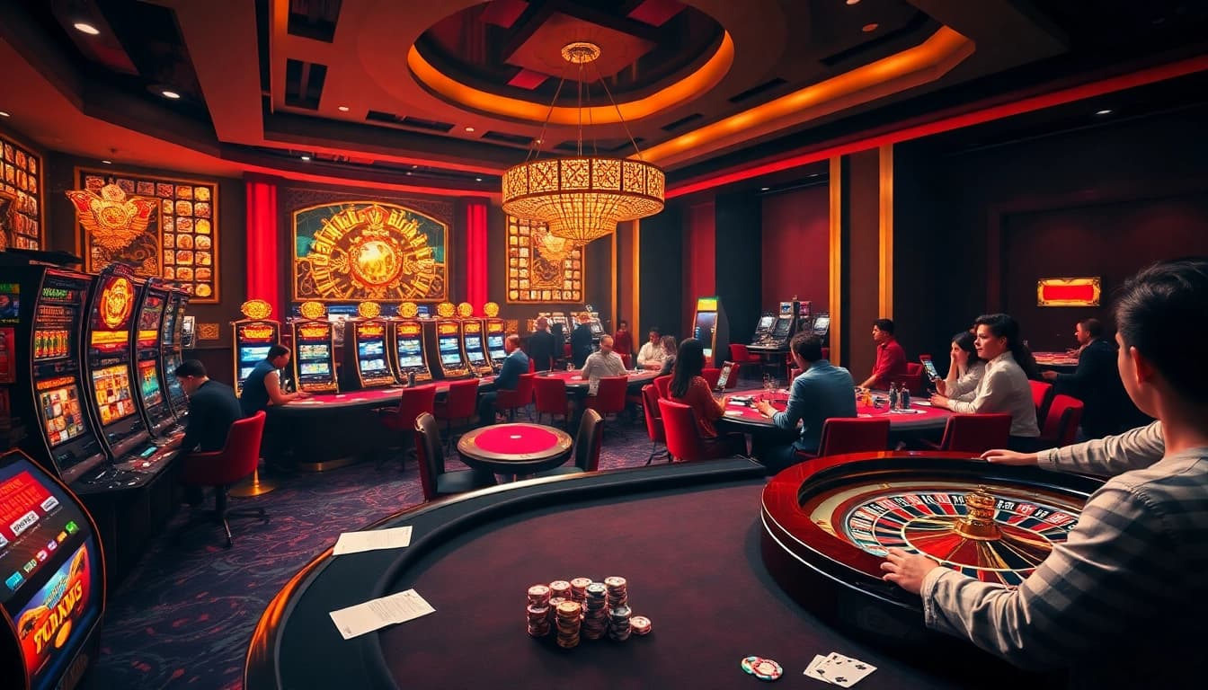Marvelbet gaming scene showcasing vibrant tables with players and luxurious casino elements.