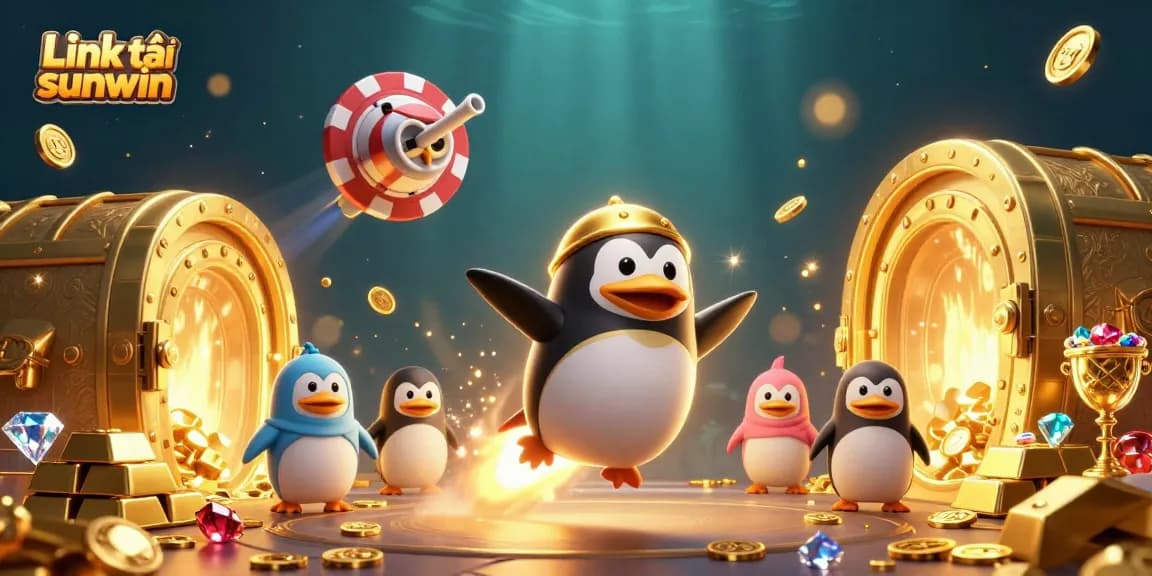 Experience thrilling gaming with Link tải sunwin, featuring a vibrant scene of a golden penguin and casino elements.