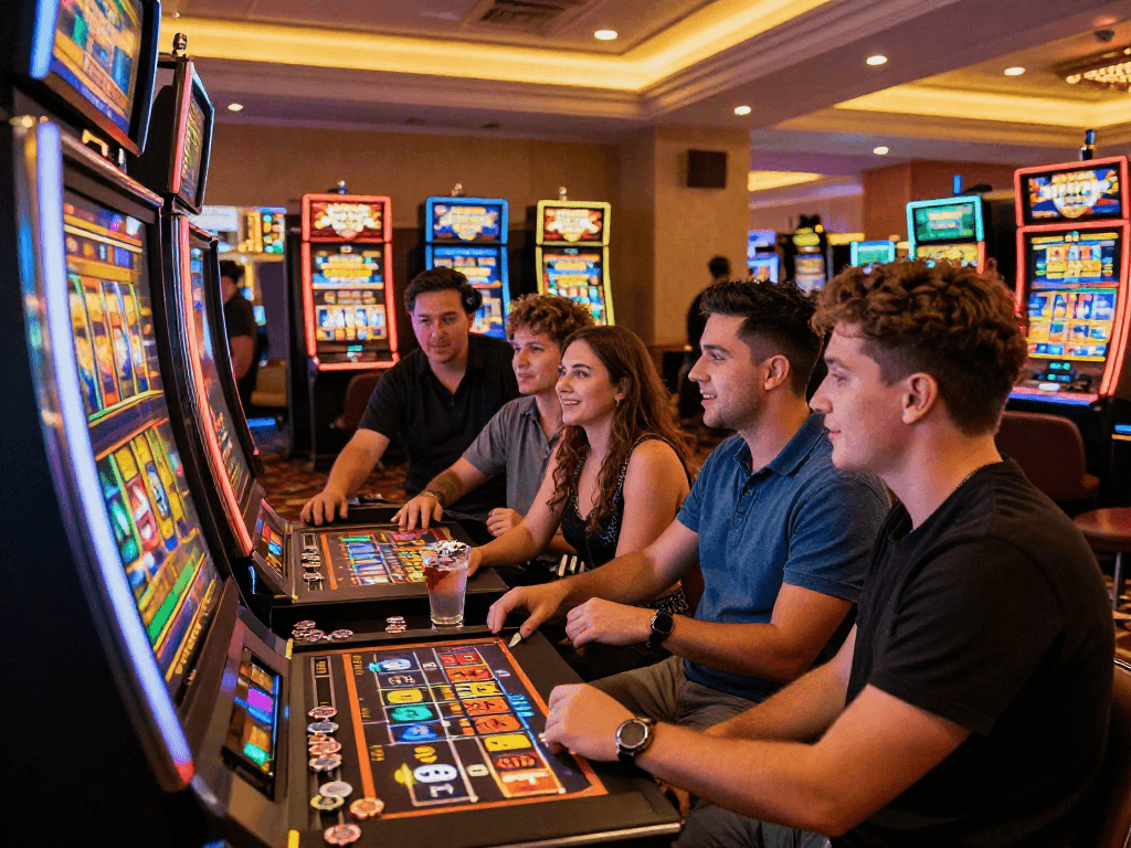 Exciting group enjoying a slot bonus game in a lively casino atmosphere